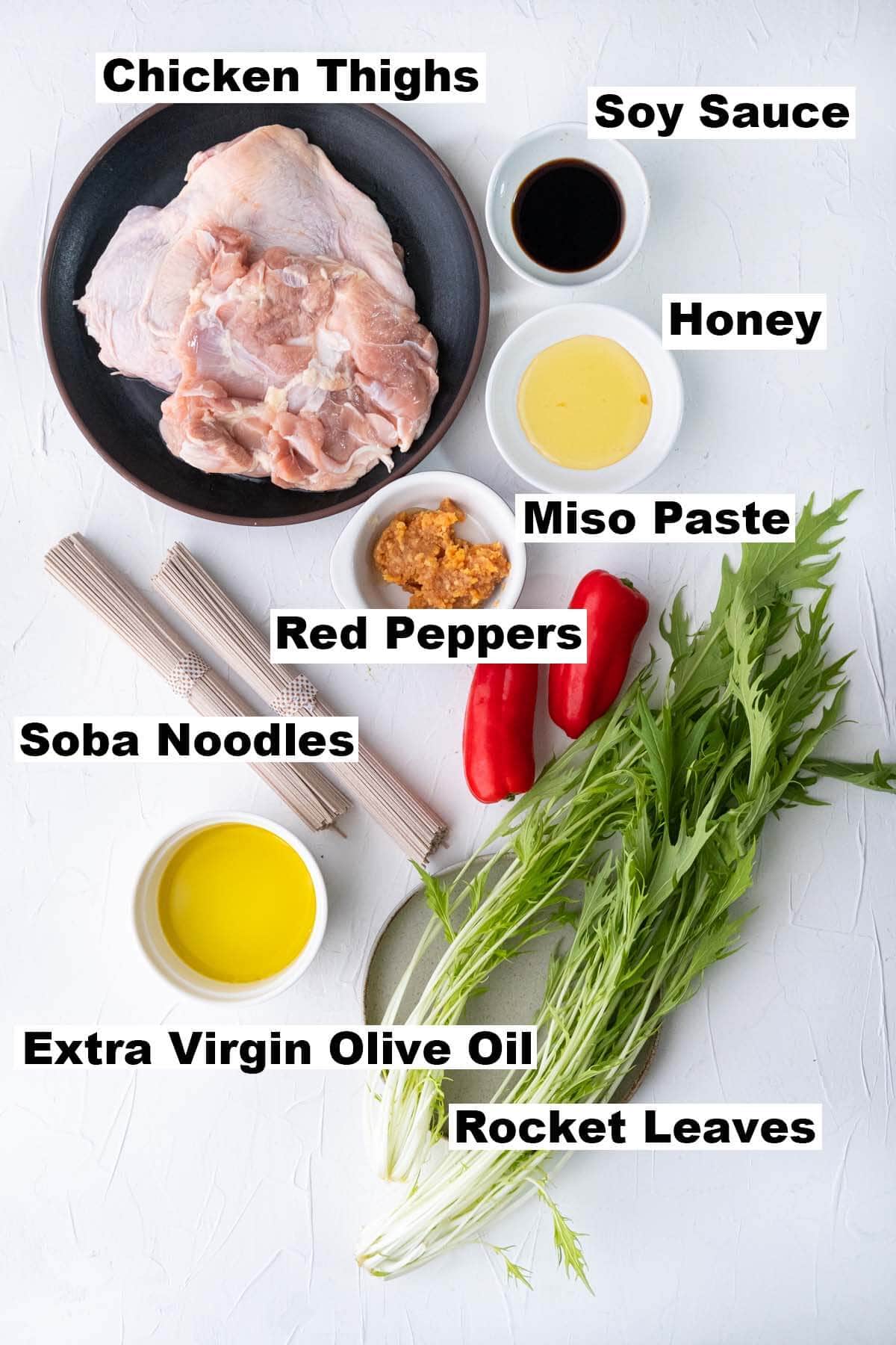 Picture showing ingredients of miso chicken soba noodles recipe. 