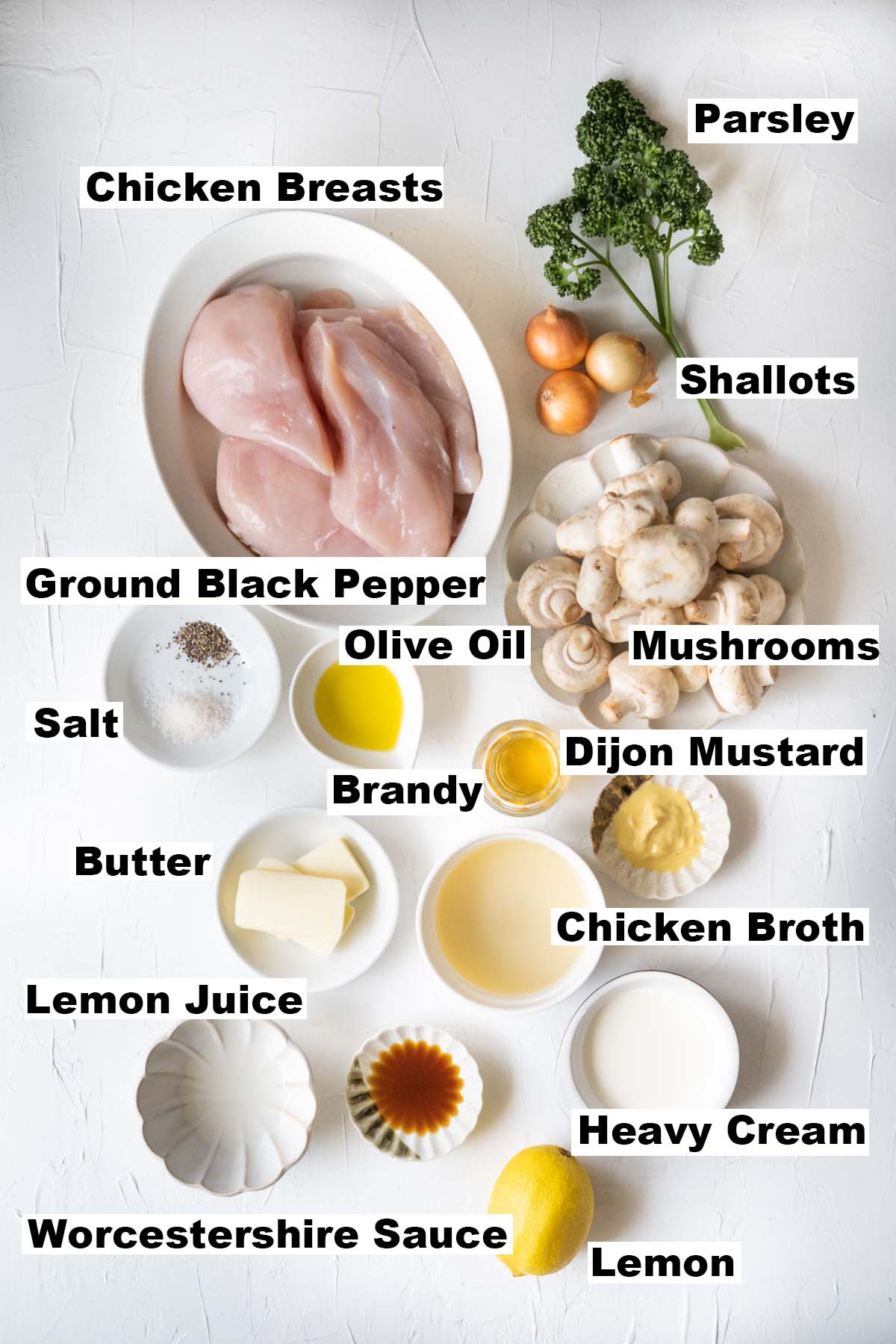 The picture shows all ingredients for Chicken Diane recipe.