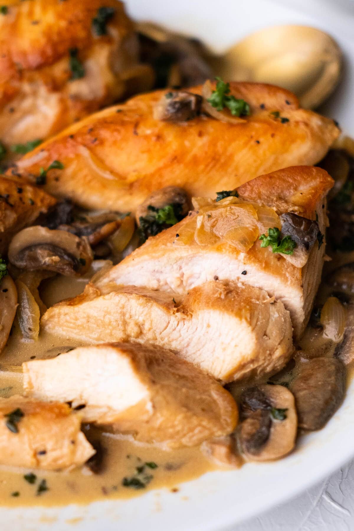 Close up on the tender chicken meat with creamy mushroom sauce infused. 