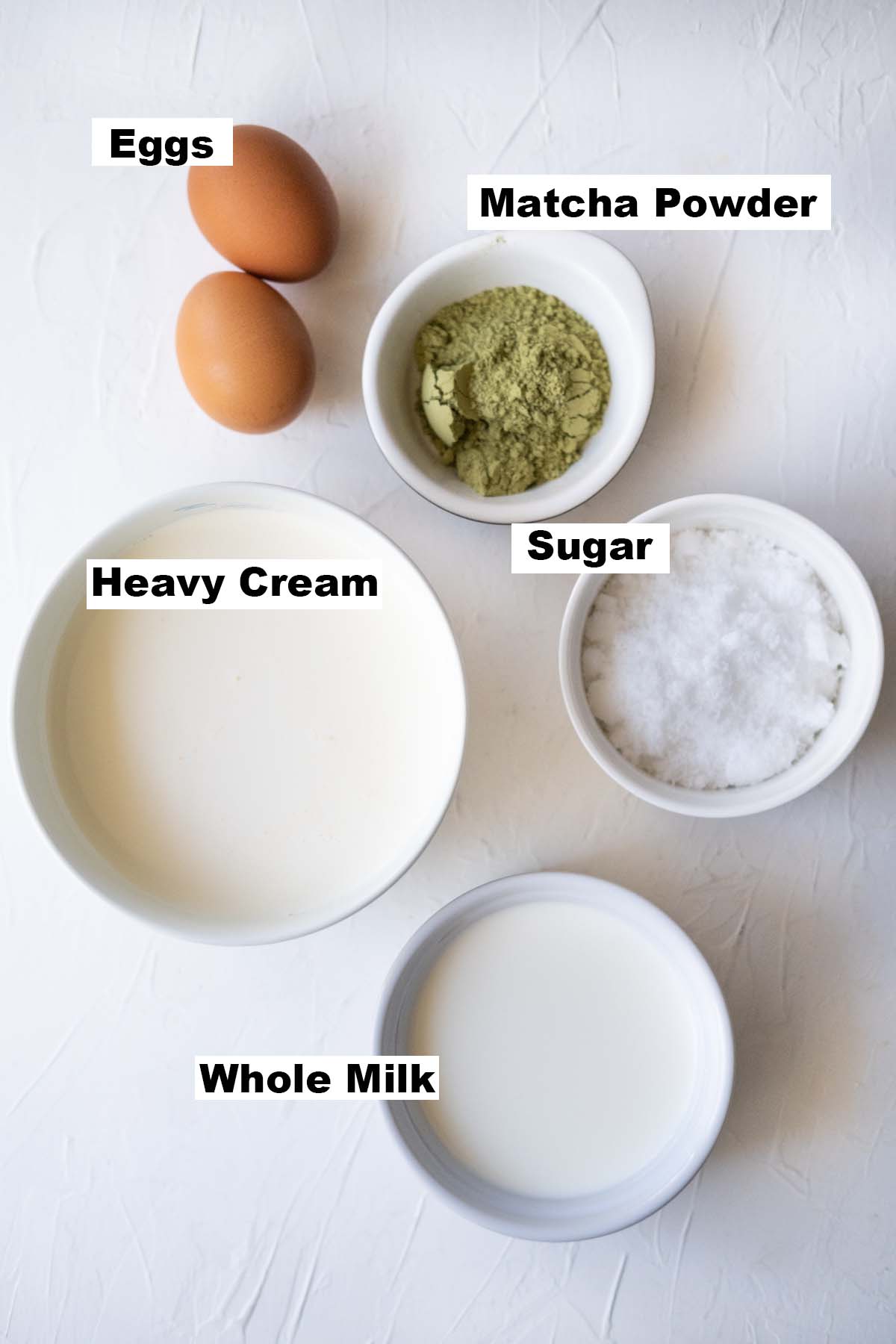 A picture shows all ingredients of matcha ice cream recipe. 