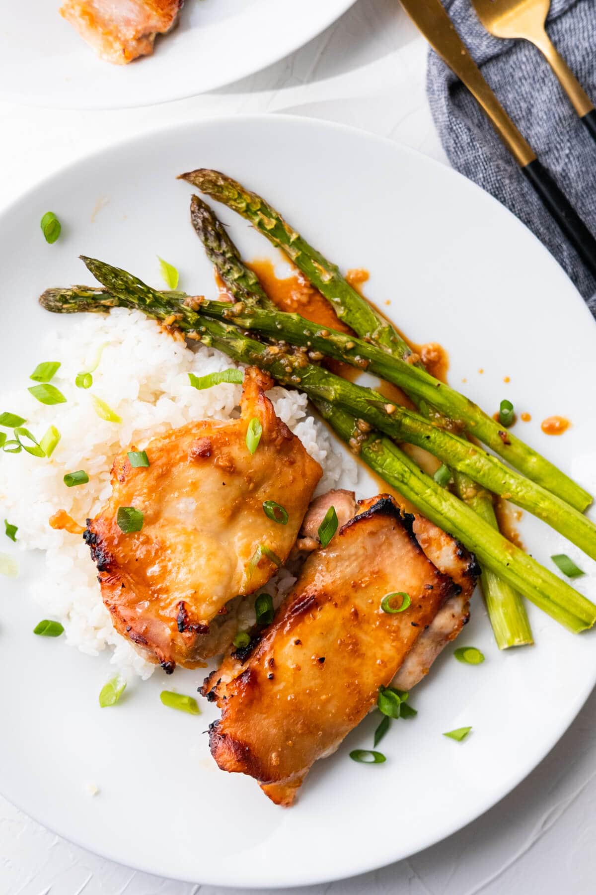 Slightly charred chicken thighs with lightly browned asparagus over white rice. 