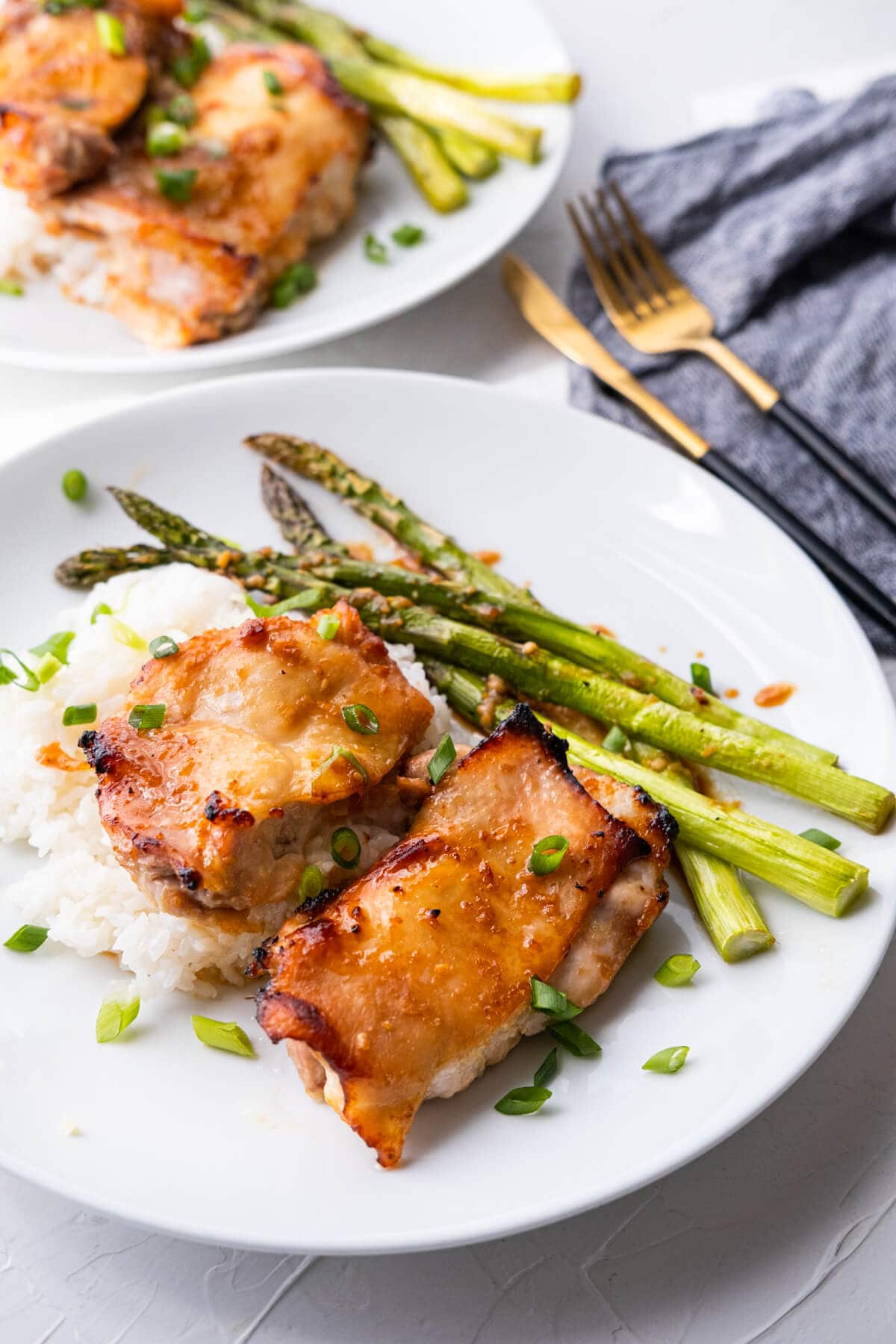 Close up on baked chicken with asparagus served over white rice. 