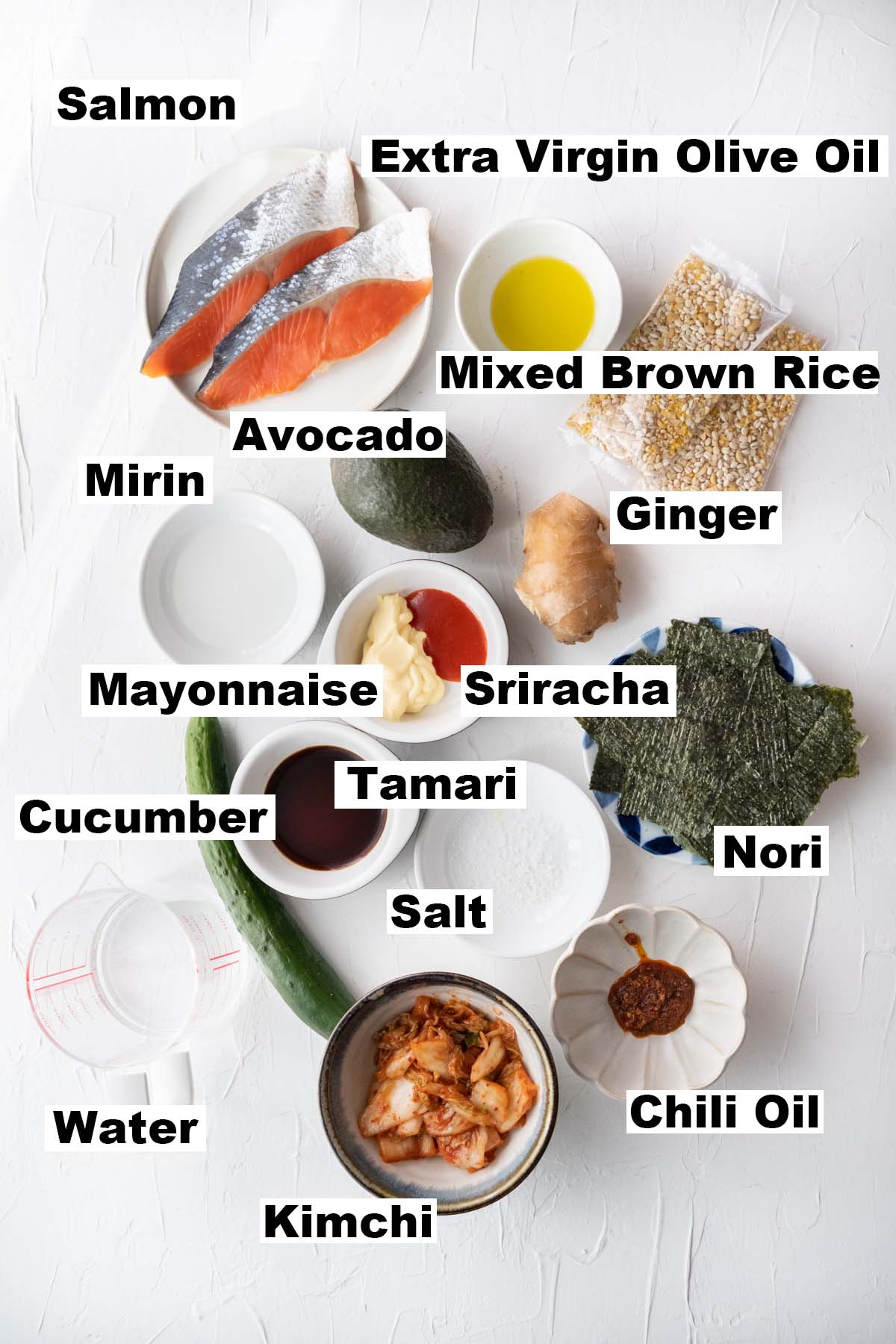 Picture showing ingredients used for the salmon rice bowl recipe.