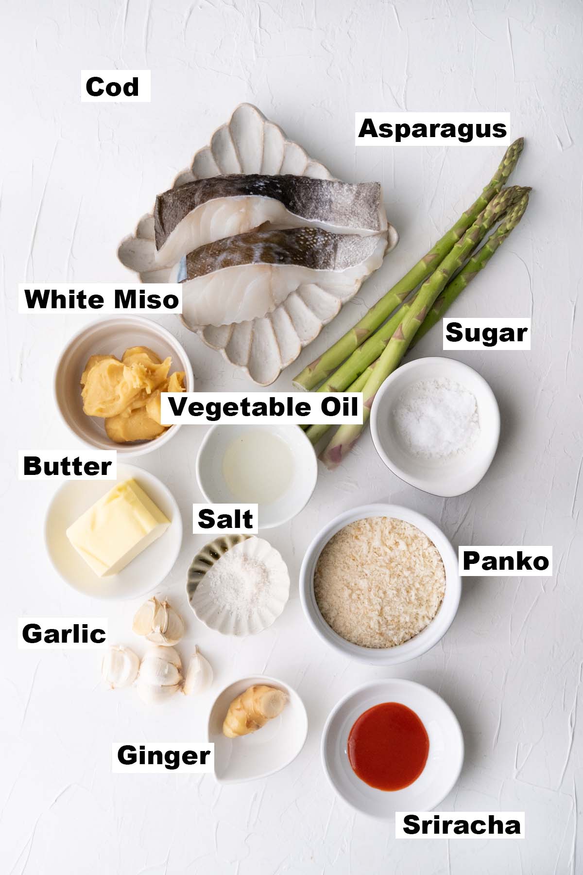 The picture shows the ingredients of miso butter fish with asparagus recipe.