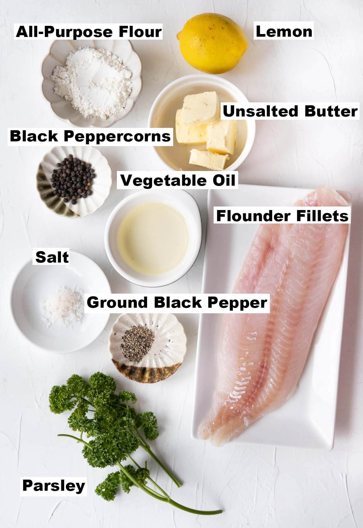 A picture shows all ingredients for buttery black pepper fish recipe. 