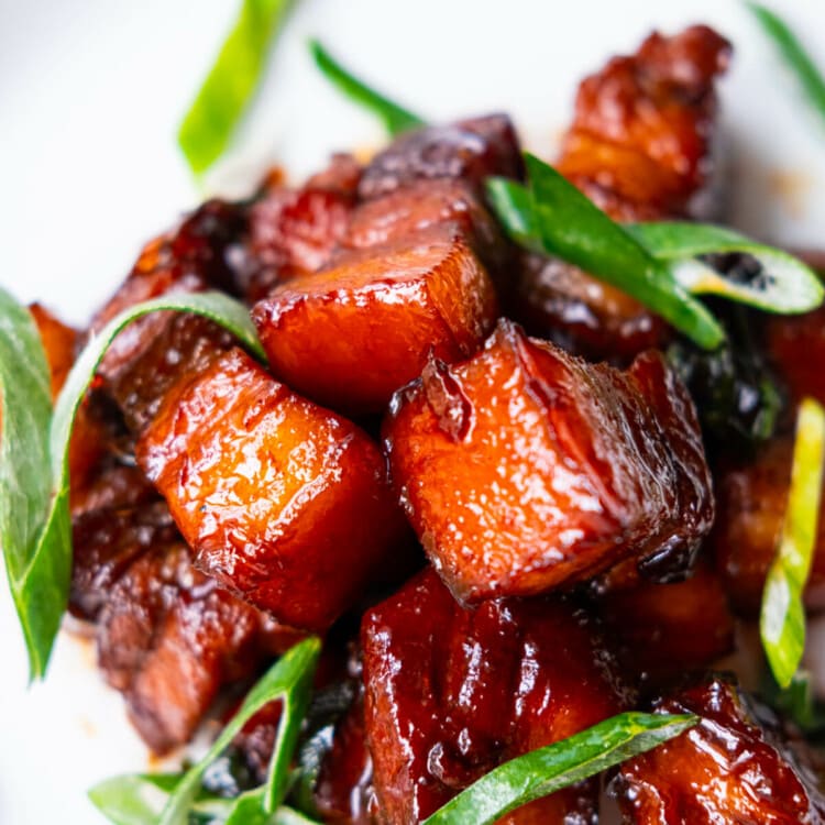 Glossy braised pork belly coated in red sauce and garnished with fresh sliced scallion.