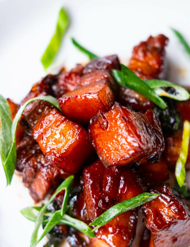 Glossy braised pork belly coated in red sauce and garnished with fresh sliced scallion.