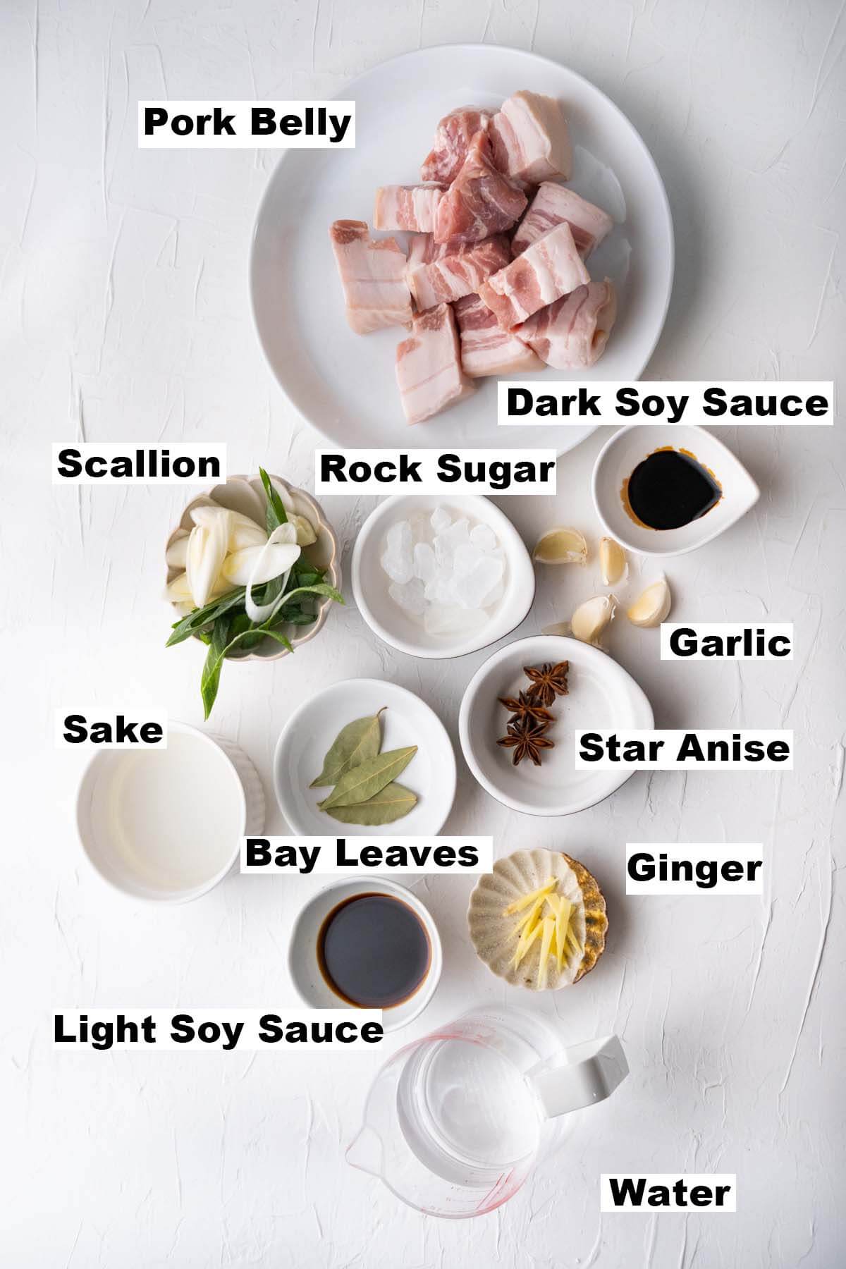 A picture shows all ingredients for sake and soy braised pork belly recipe. 