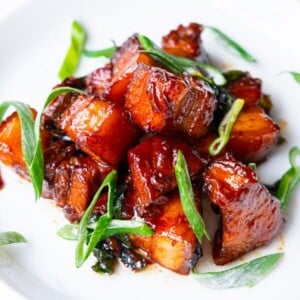 Tender sake and soy braised pork belly with scallion sprinkled on top.