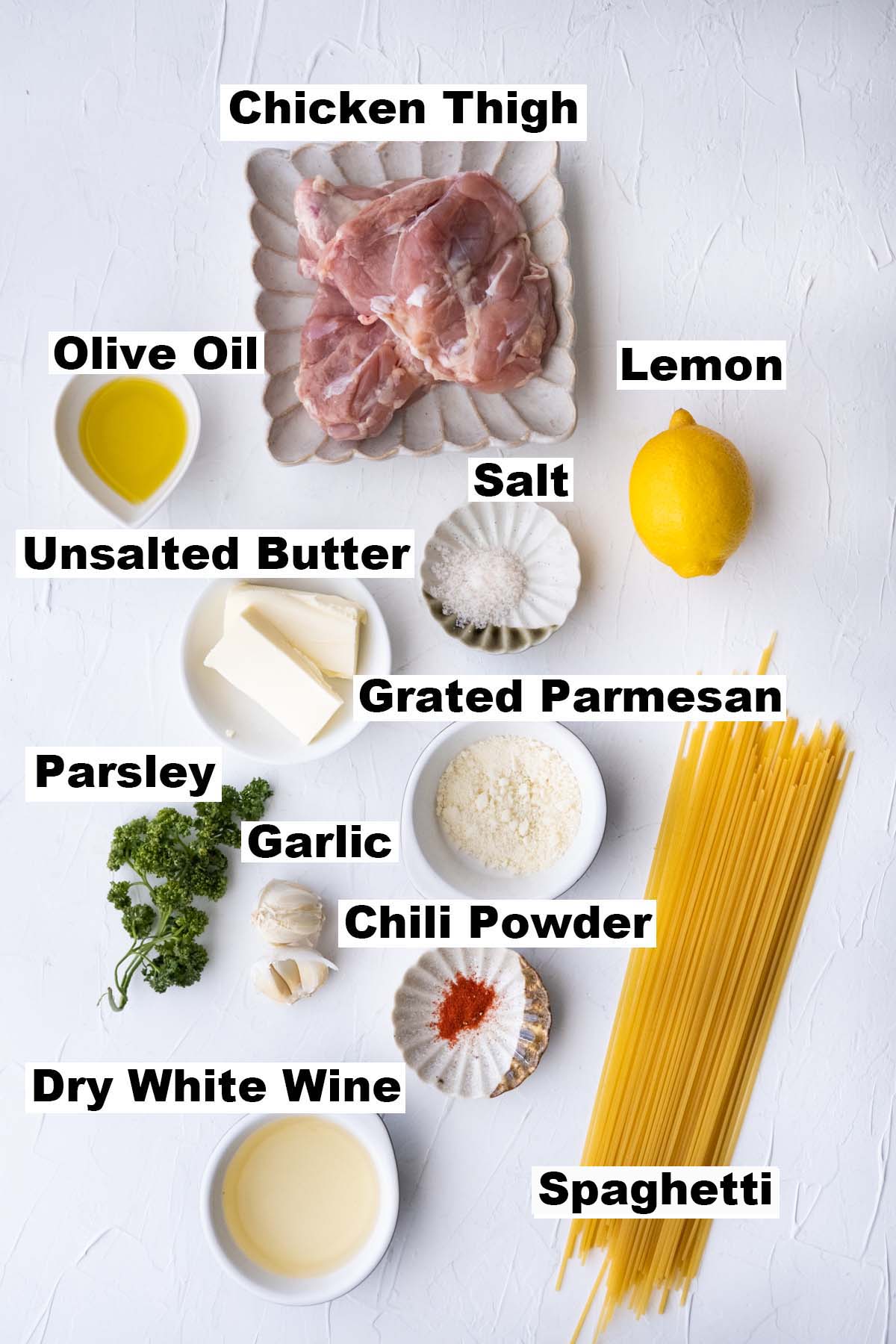 A picture shows all ingredients for chicken scampi pasta recipe.
