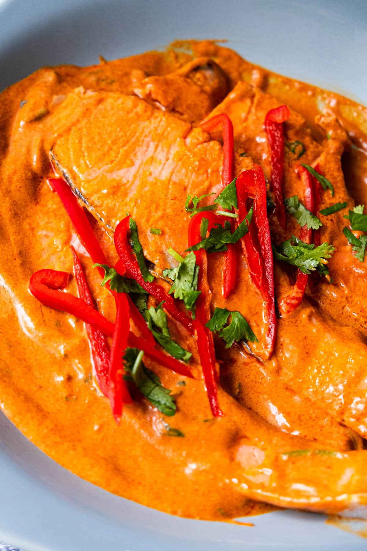 Choo chee salmon with creamy choo chee sauce, topped with cilantro and red bell peppers. 