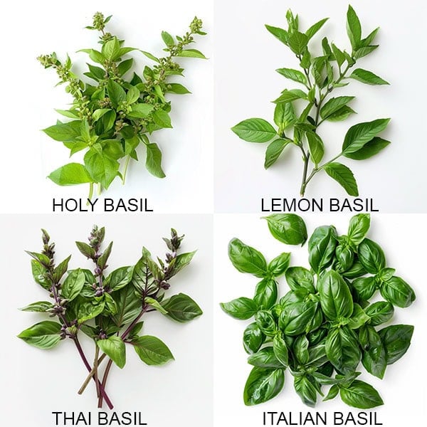 Four different types of basil: holy basil, lemon basil, Thai basil and Italian basil. 