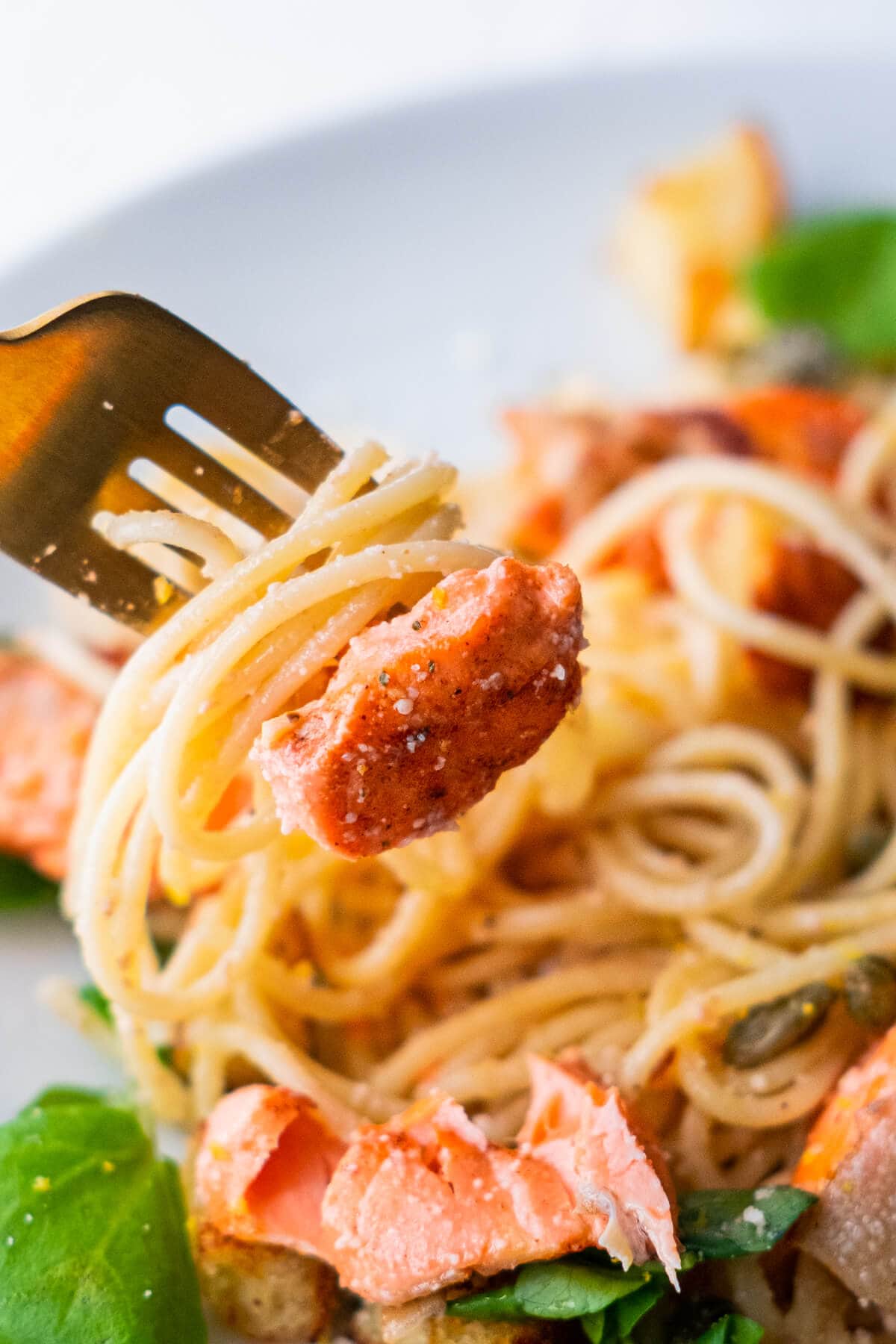 Spaghetti with salmon recipe served on a plate with a fork. 