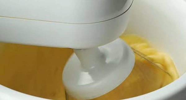 Eggs being beaten in the stand mixer.