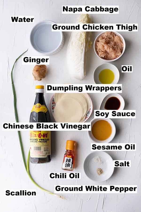 Ingredients for Chinese chicken dumpling recipe such as water, Napa cabbage, ground chicken thigh, ginger, oil, dumpling wrappers, soy sauce, Chinese black vinegar, sesame oil, chili oil, salt, scallion and ground white pepper.