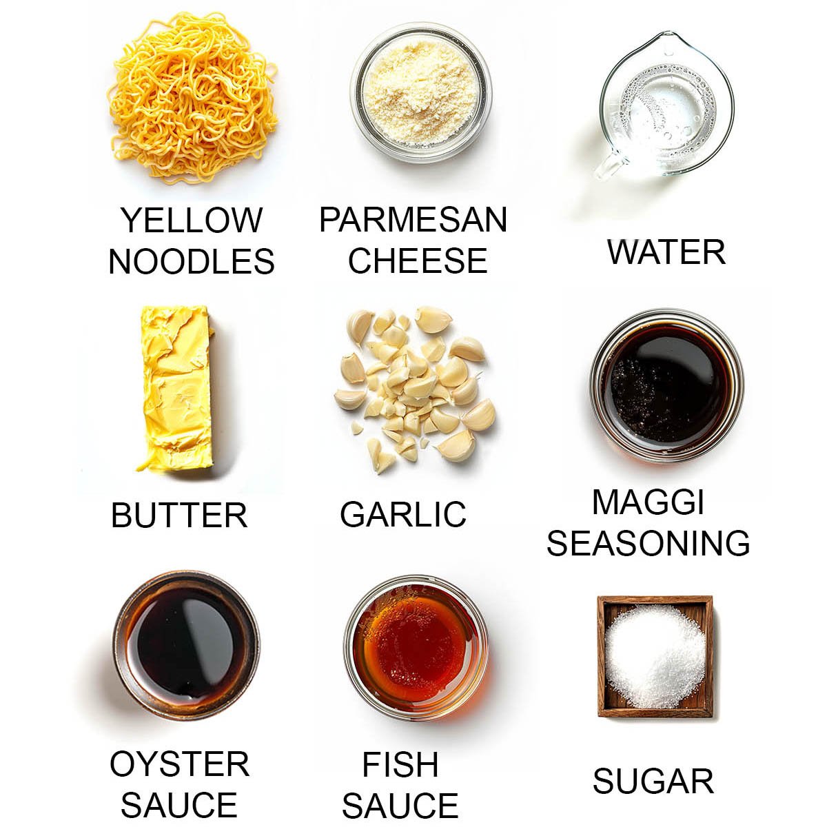 A picture showing garlic noodles recipe ingredients. 