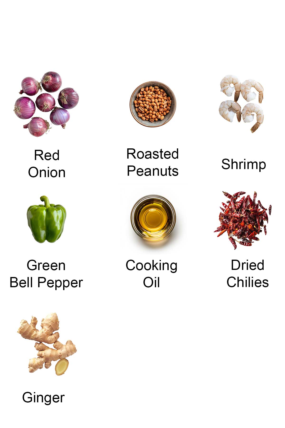 Ingredients used for kung pao shrimp.