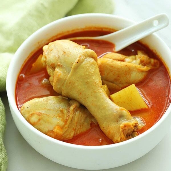 Malaysian chicken curry in a bowl.