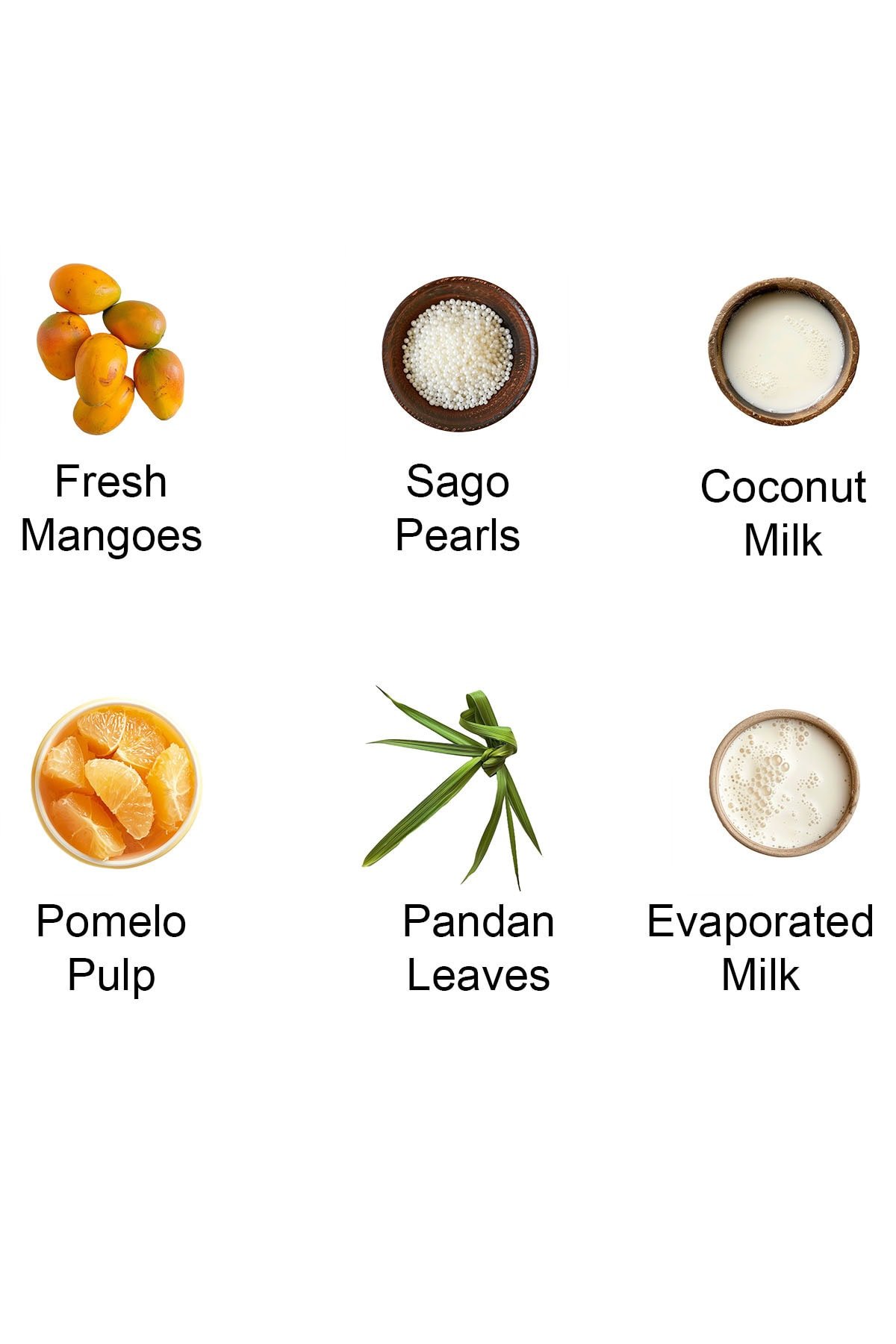 This image shows the ingredients needed to make the Mango Pomelo Sago Recipe.