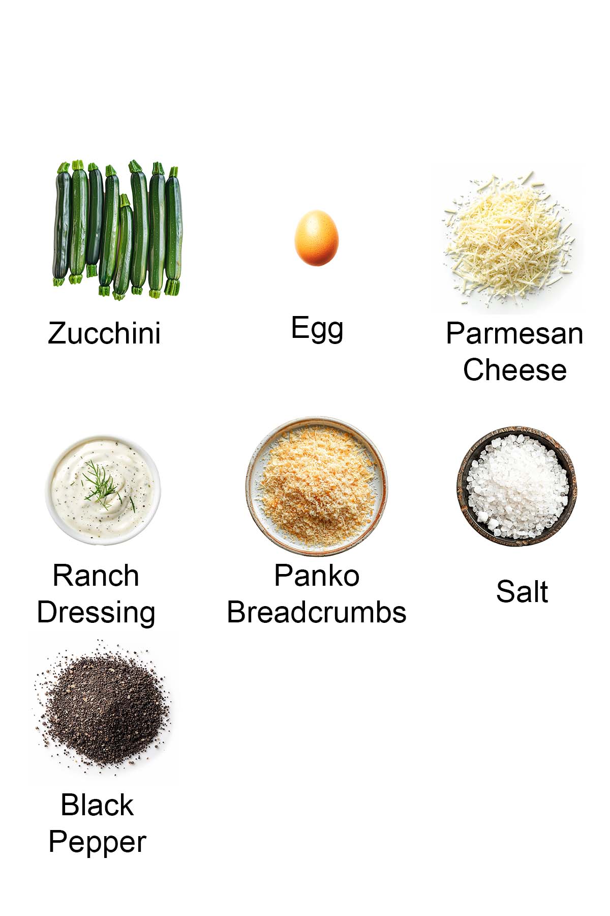This image shows the ingredients used to make Parmesan Zucchini Fries.