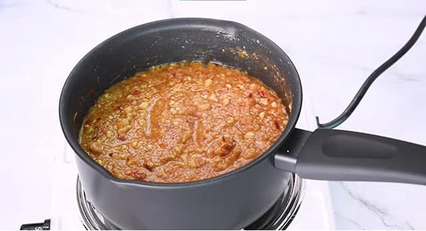 Peanut sauce in a sauce pan. 