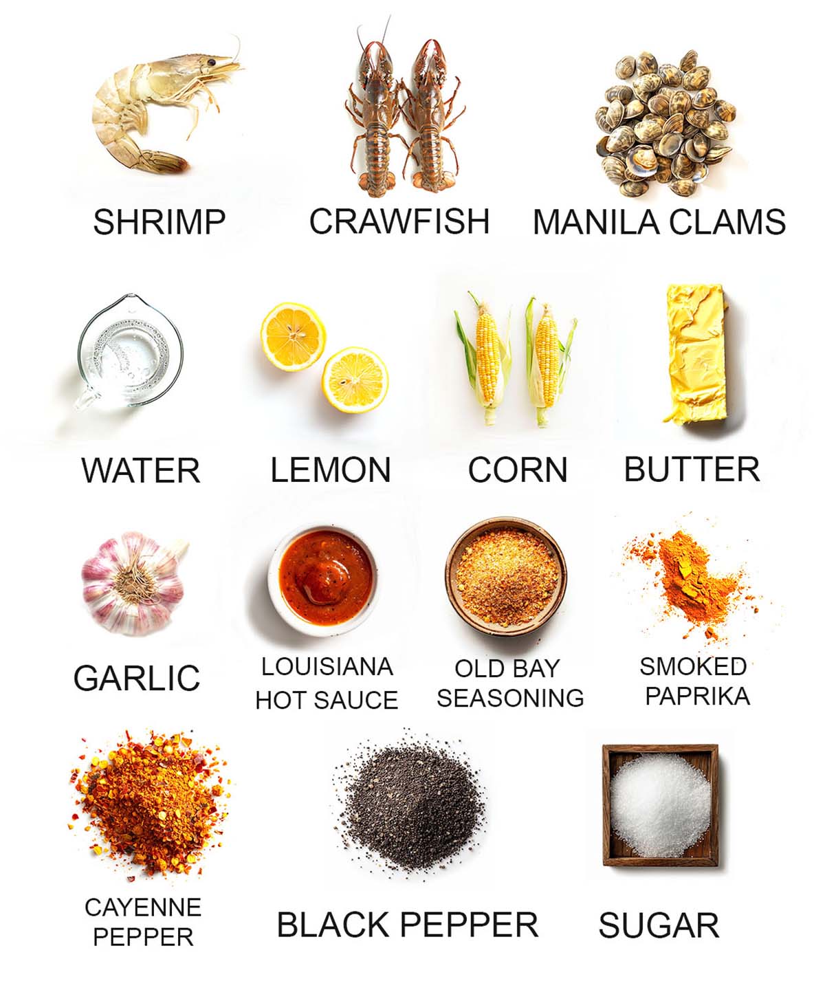 Seafood boil ingredients. 