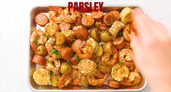 This image shows the Shrimp boil, ready to be served.