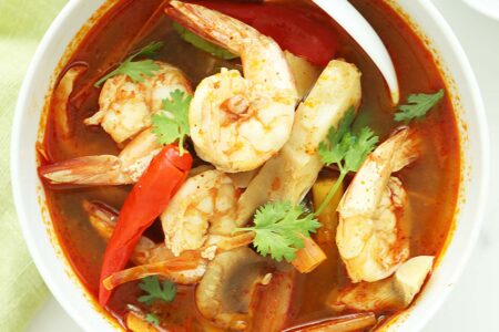 Tom yum goong served in a bowl. 