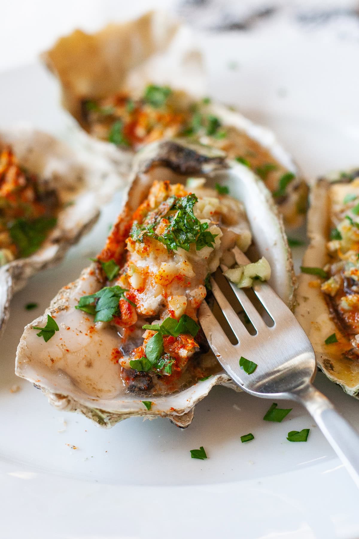 Spicy grilled oysters on a plate. 