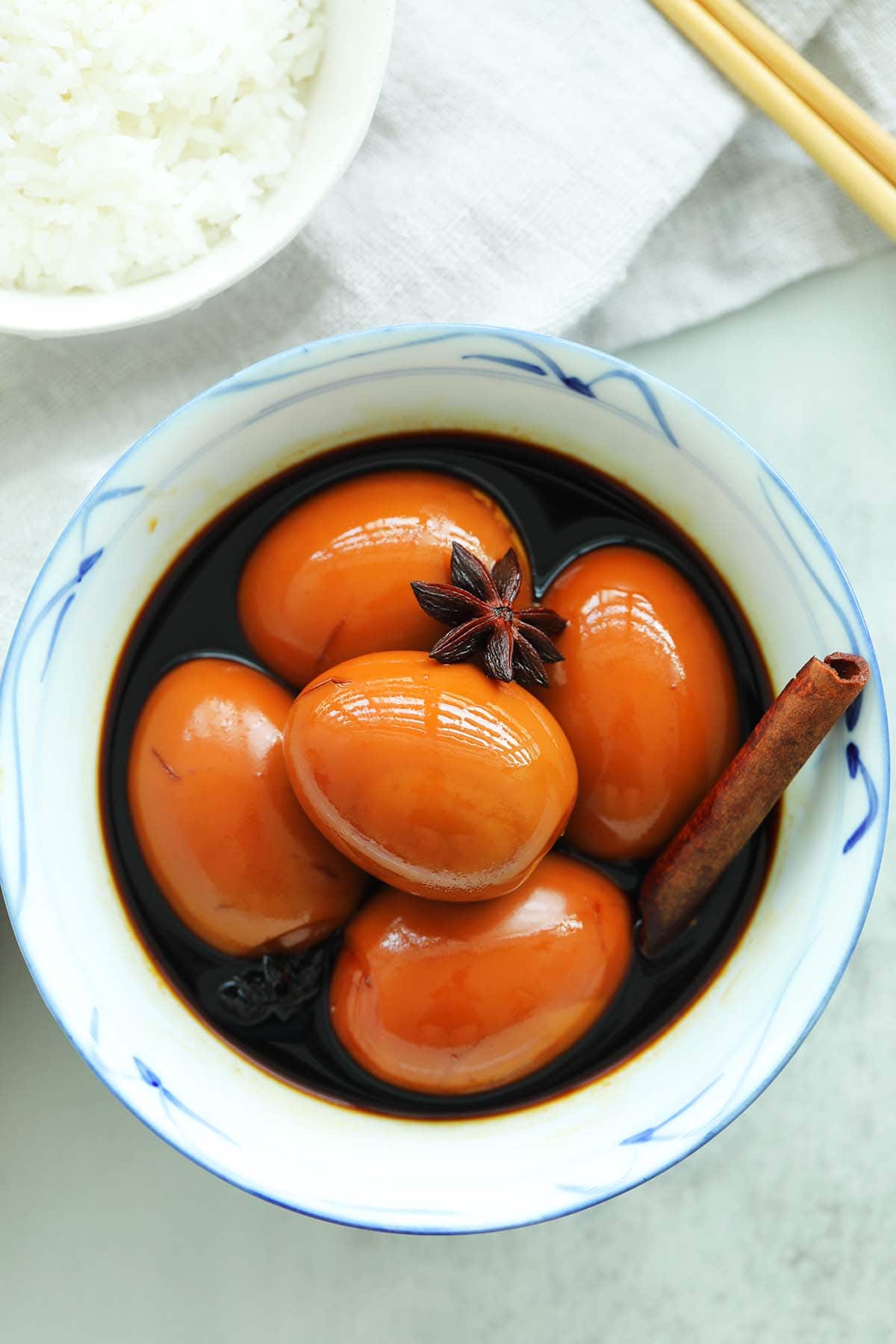 Chinese braised soy sauce eggs served in a bowl. 