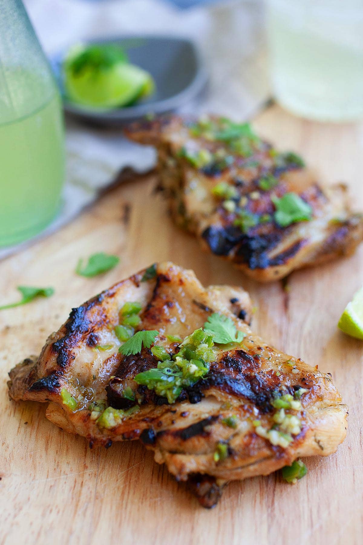 Cilantro lime chicken topped with salsa and cilantro. 