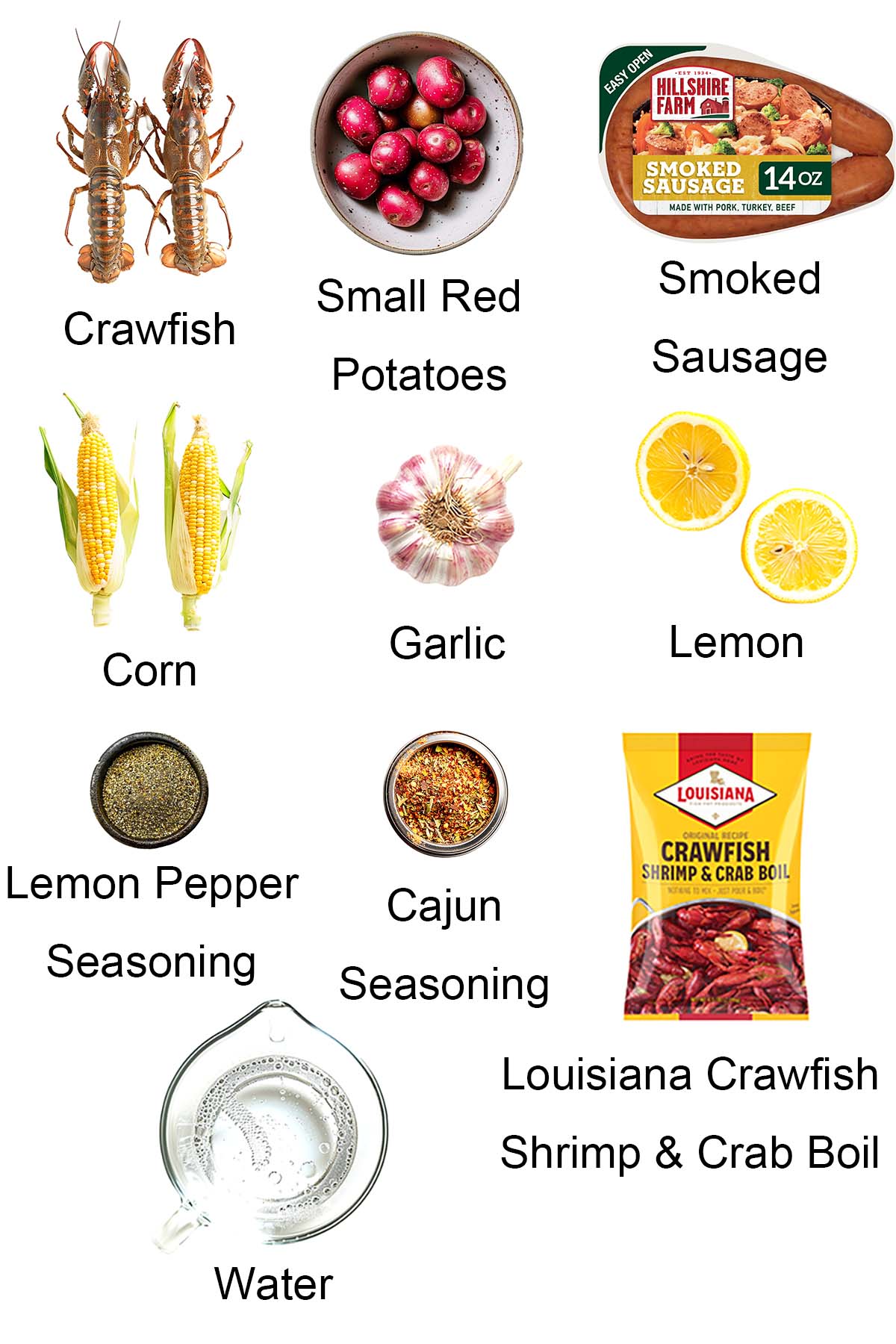 Ingredients for crawfish boil. 