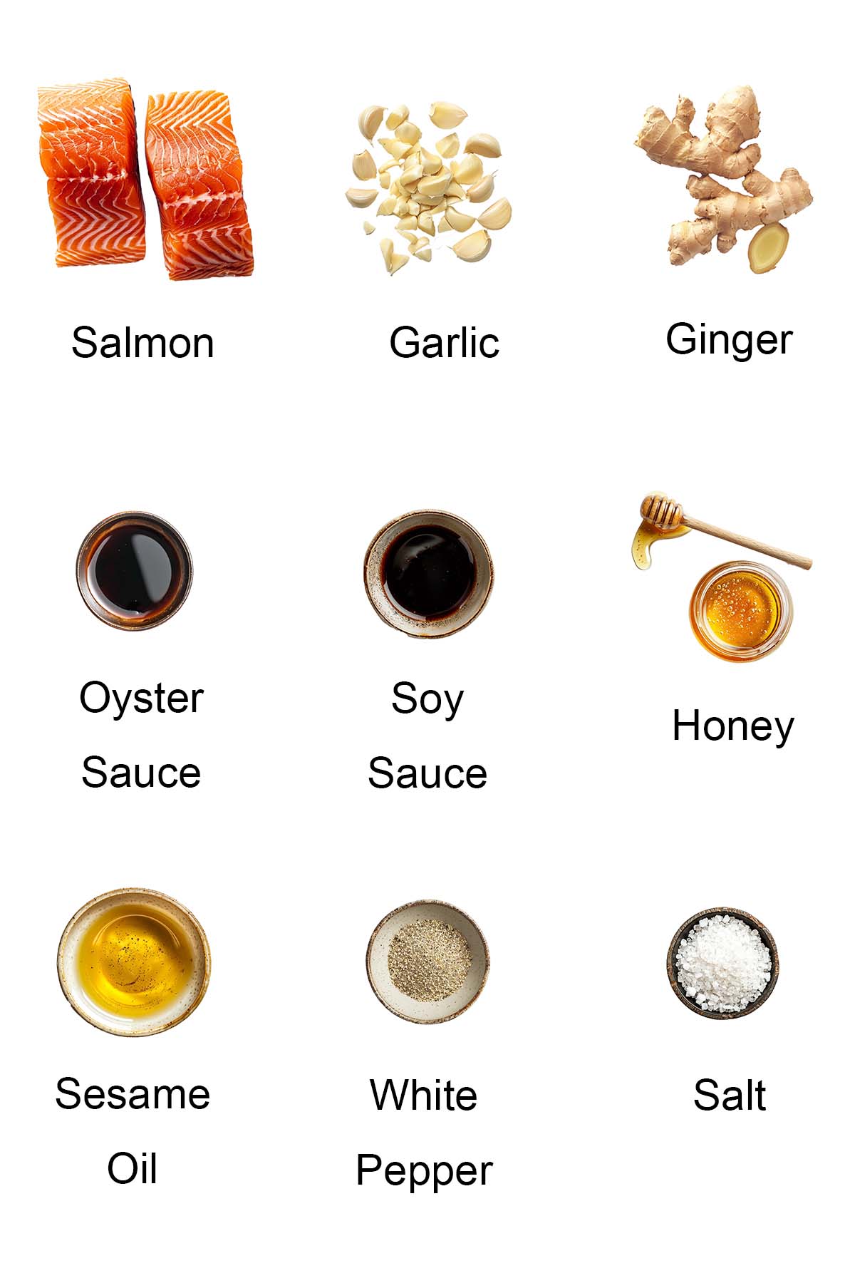 Ingredients for ginger garlic baked salmon. 