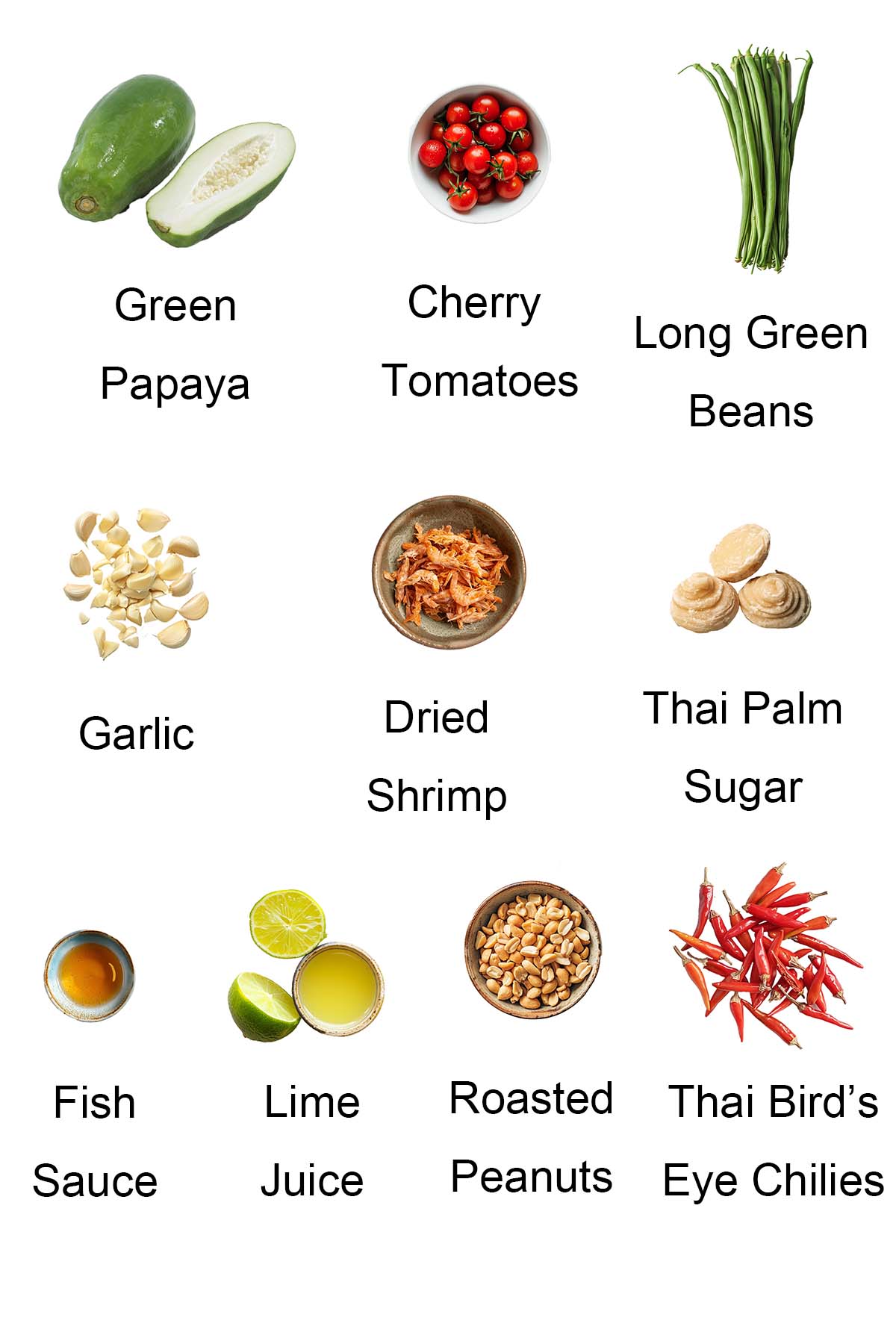 Ingredients for green papaya salad. 