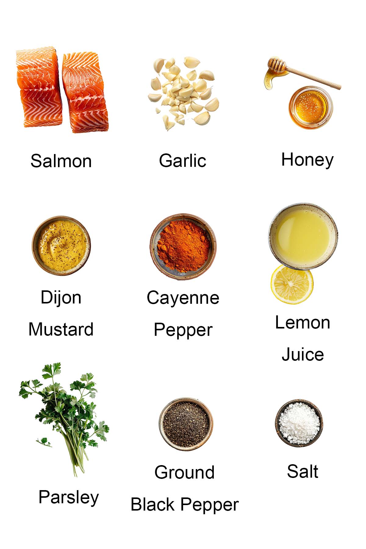 Ingredients for honey mustard baked salmon. 