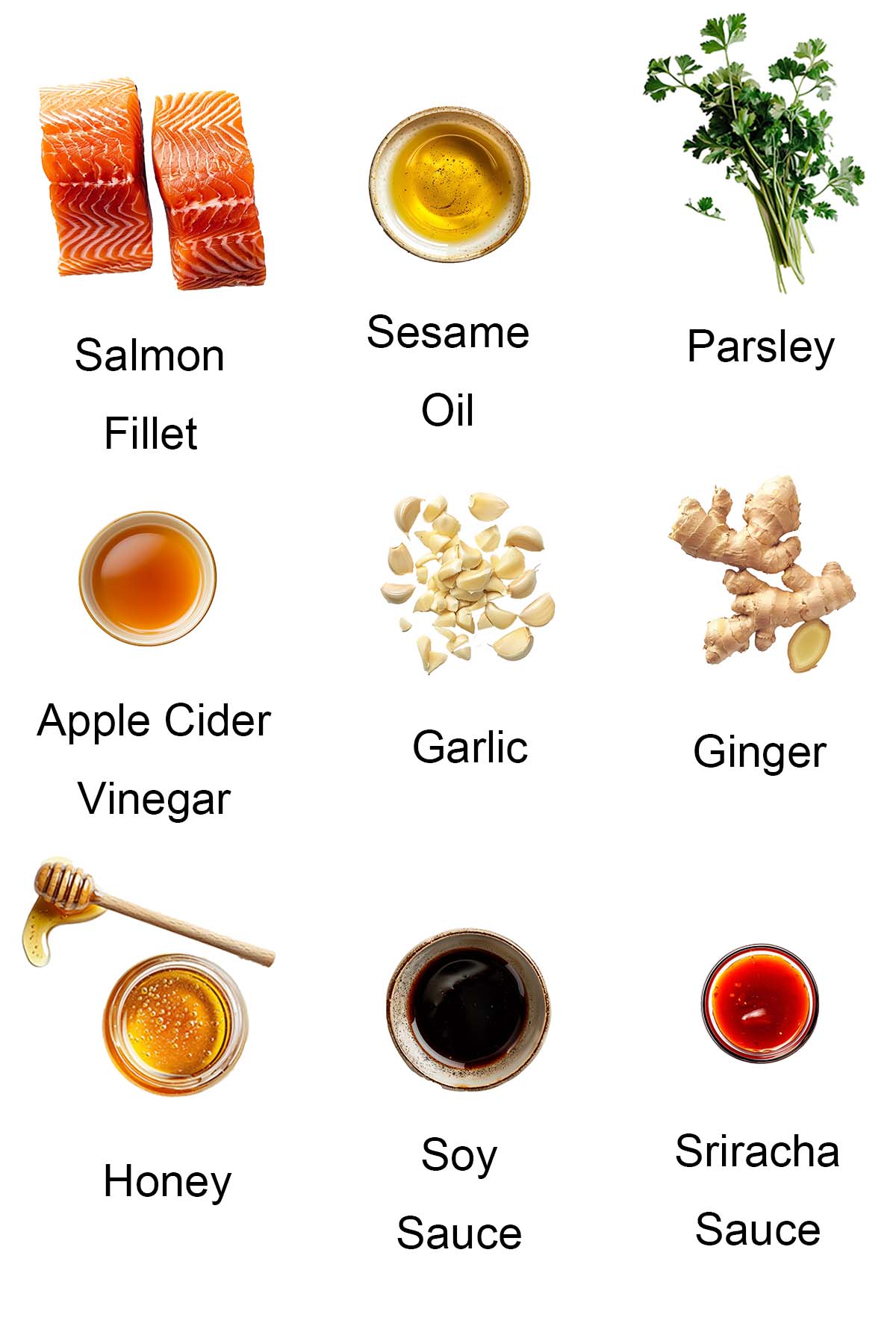 Ingredients for honey sriracha salmon. 