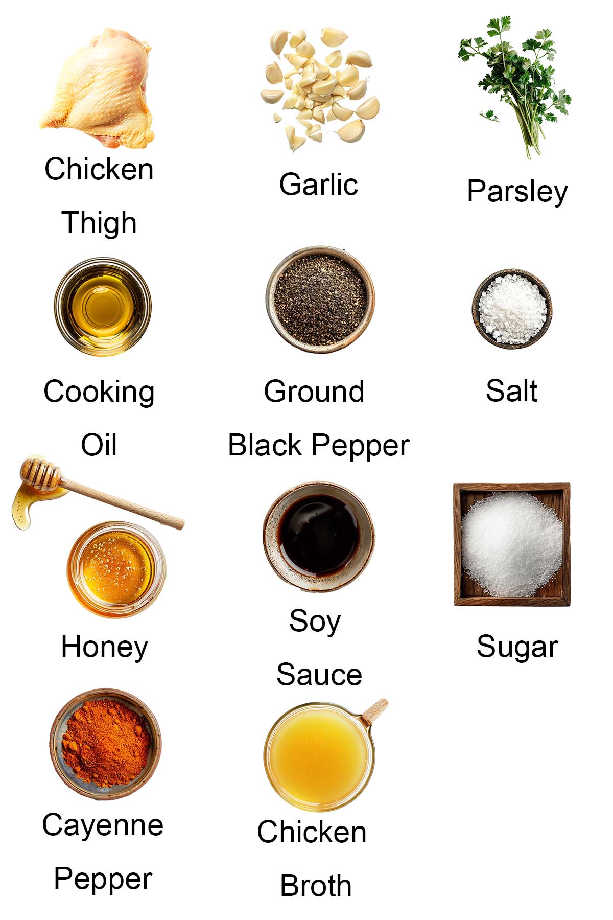 Ingredients for honey garlic chicken and honey garlic sauce. 
