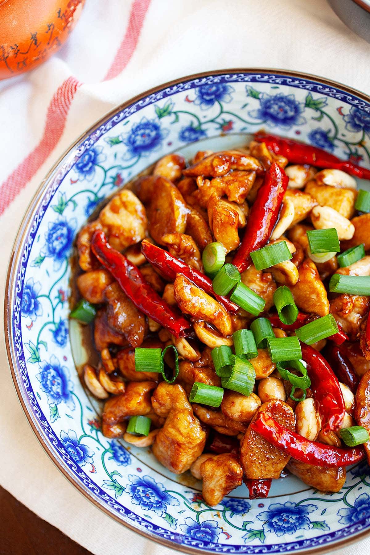 Authentic Kung Pao Chicken with steamed rice.