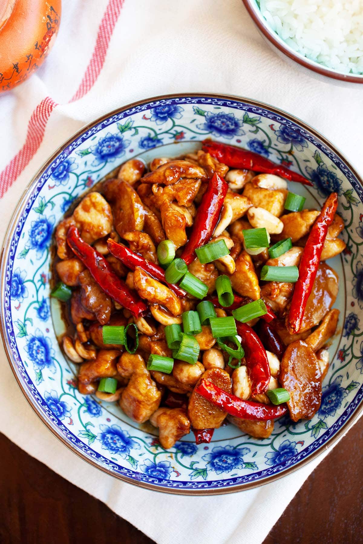 Kung Pao Chicken with dried red chilies, roasted peanuts in Kung Pao Sauce.