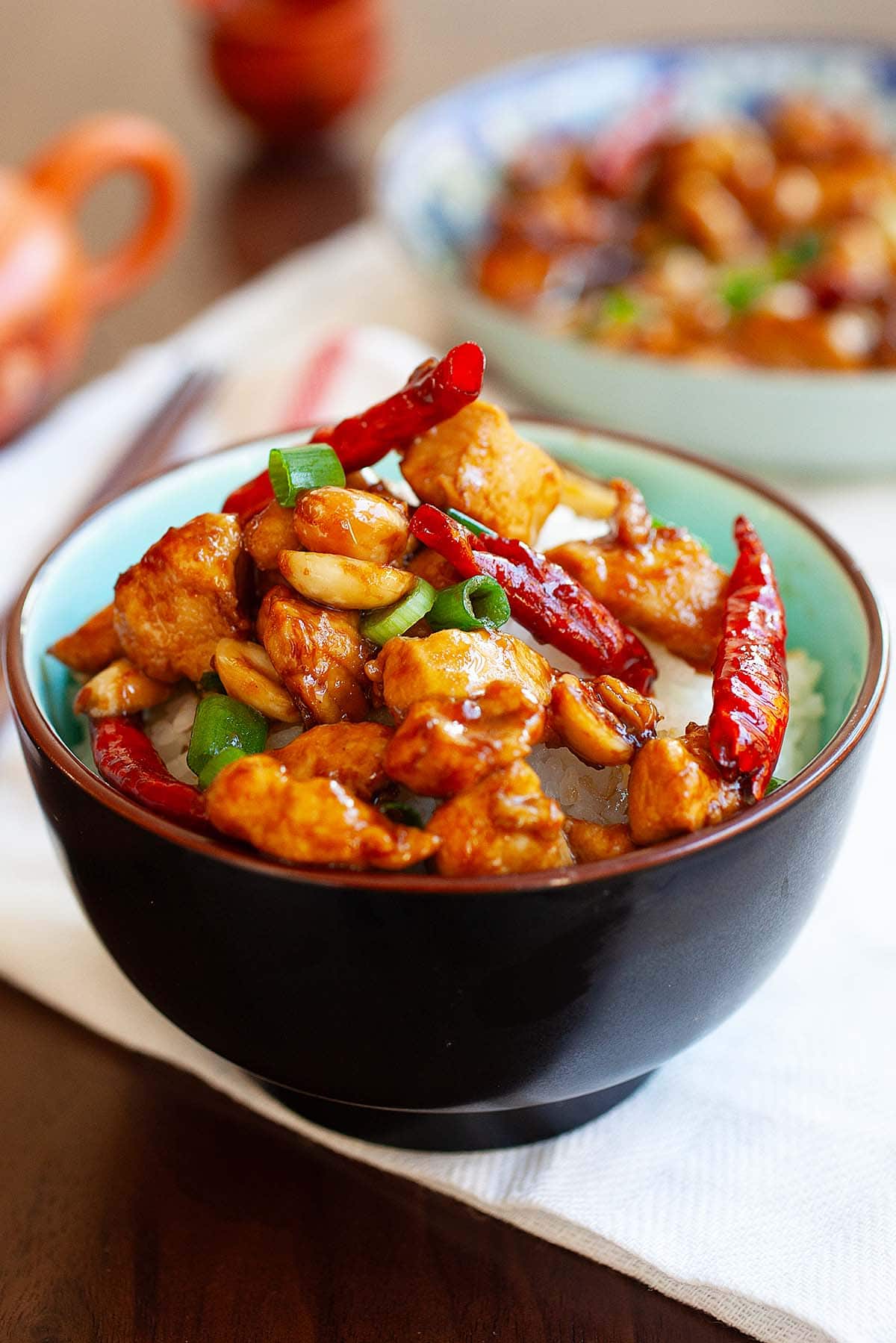 Authentic Szechuan Chinese Kung Pao chicken recipe served in a bowl. 