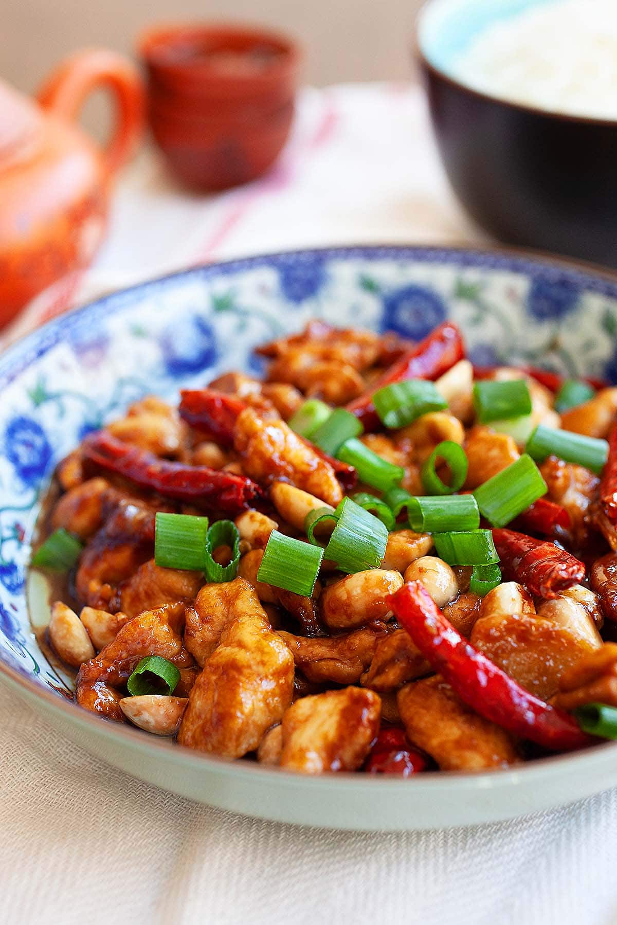 The best Kung Pao Chicken topped with chopped scallions. 