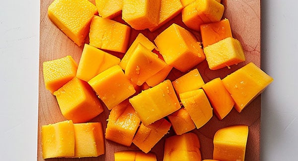 Small cubes of mangoes on a chopping board. 