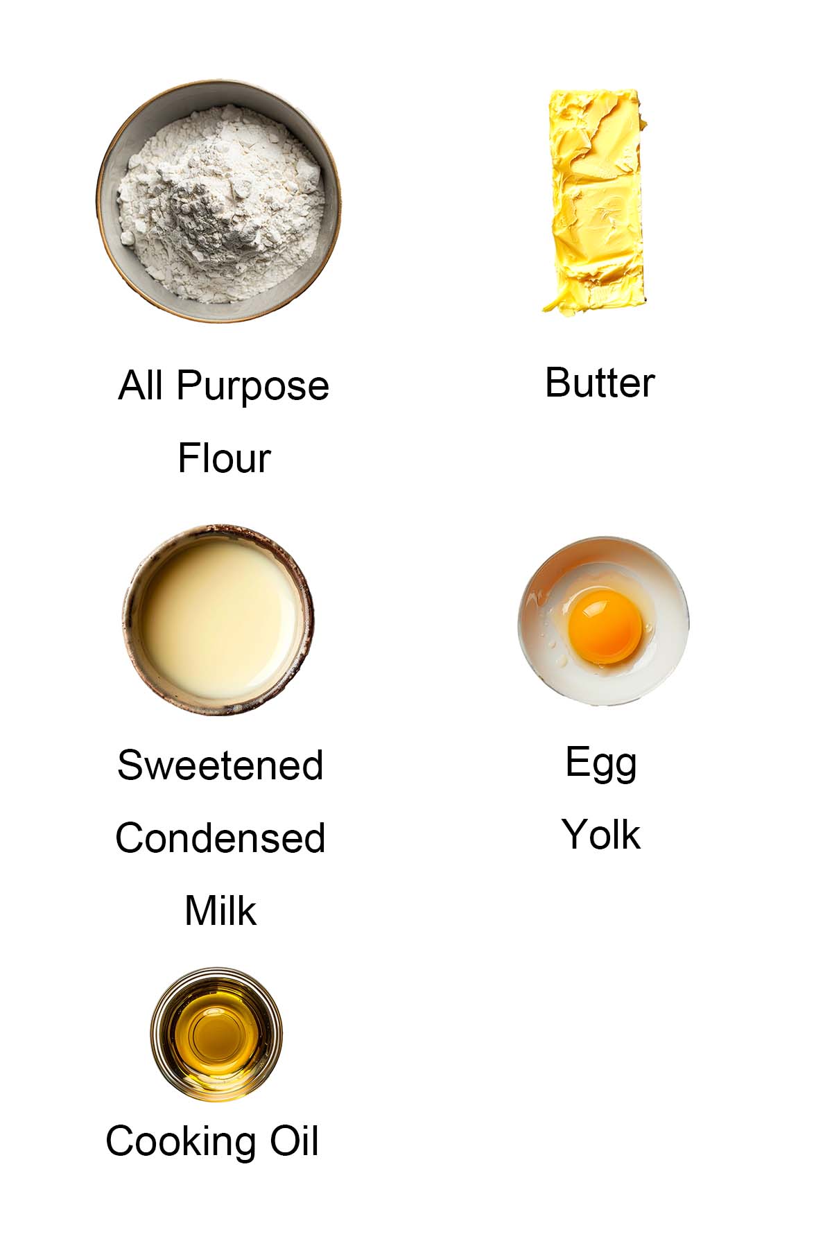 Ingredients for pineapple cookies and egg wash. 