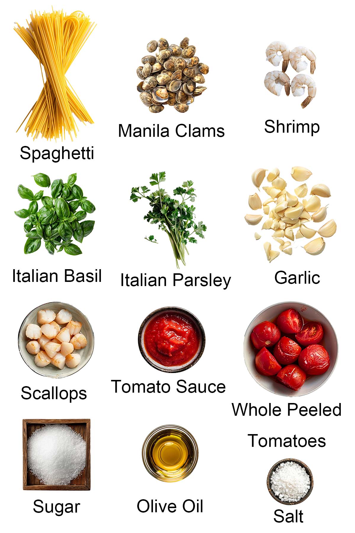 Ingredients for seafood pasta.