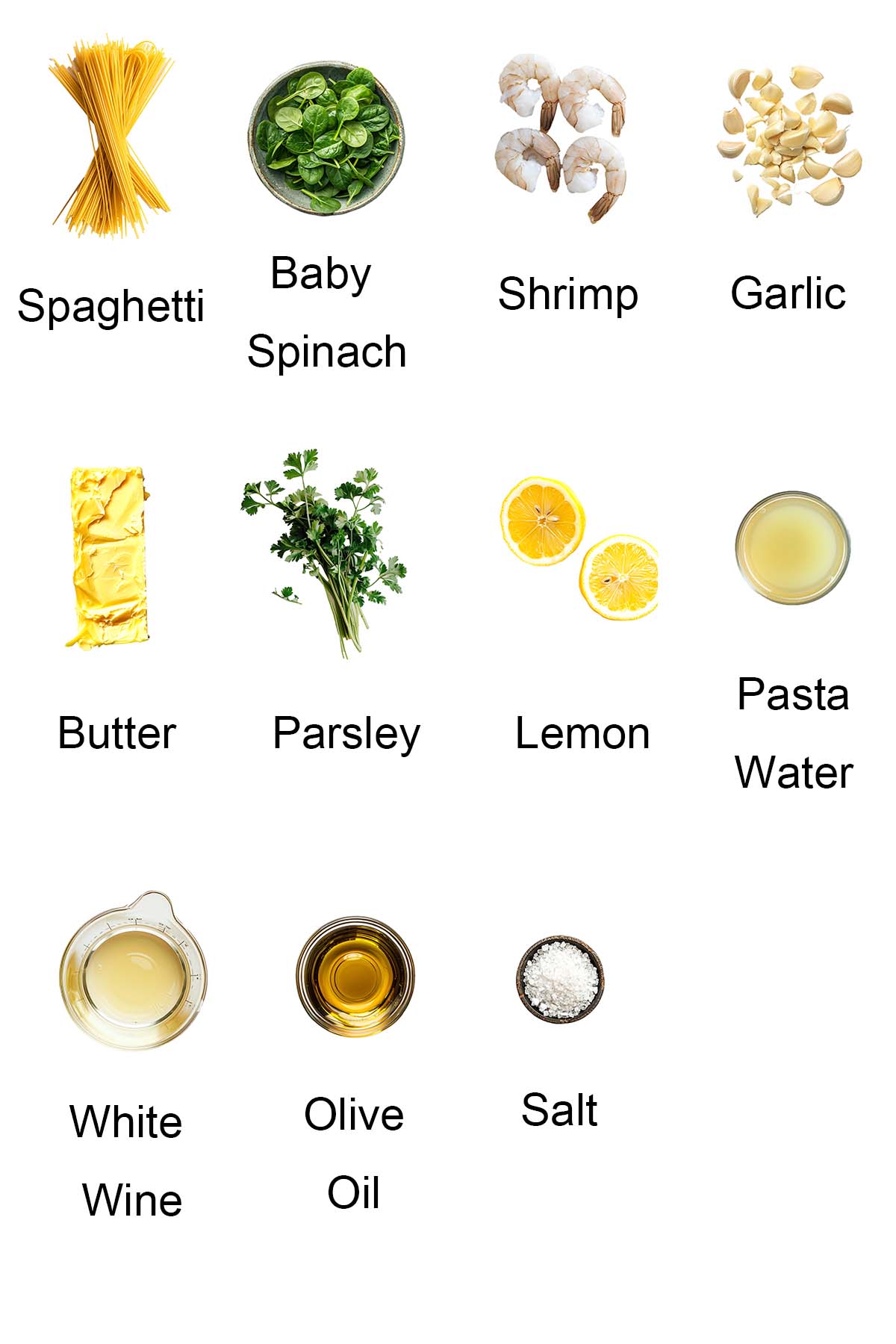Ingredients for shrimp and spinach pasta.