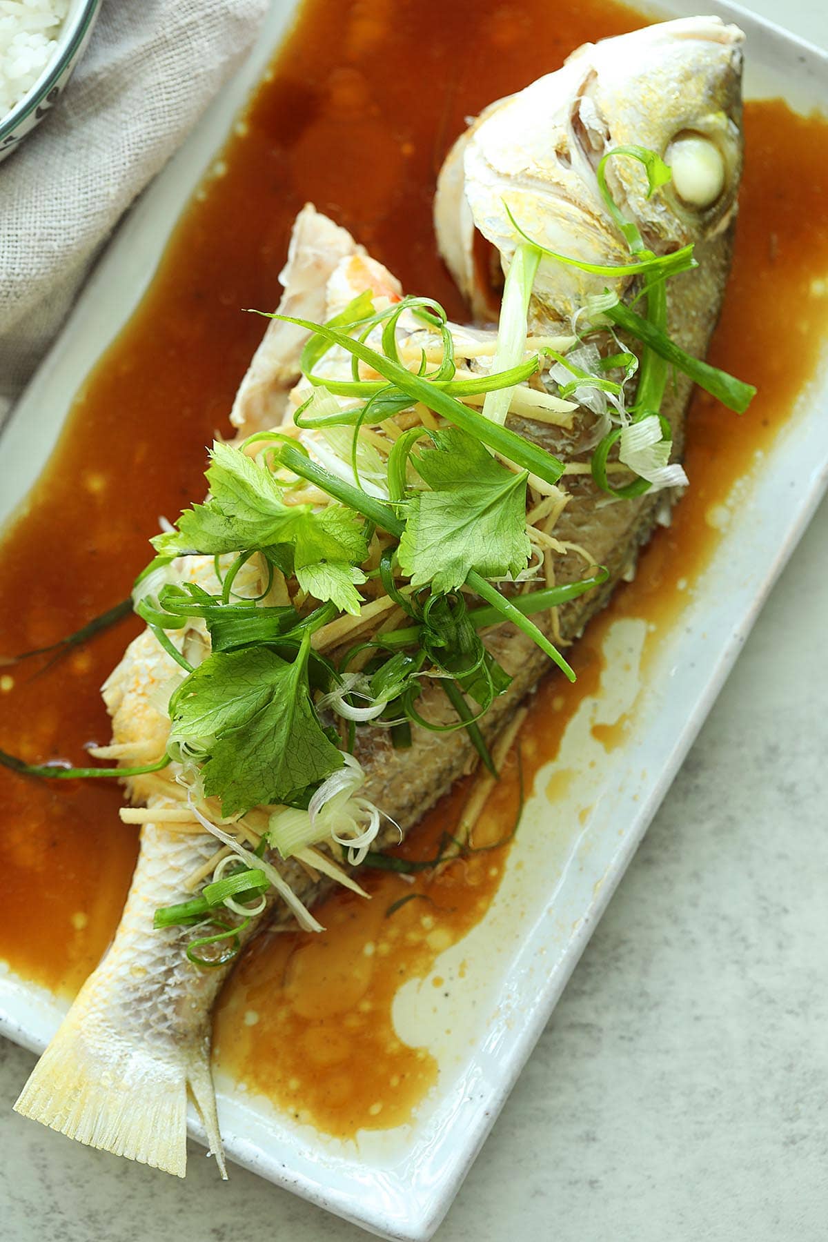 Whole steamed fish of snapper with soy sauce, scallion, ginger and cilantro. 