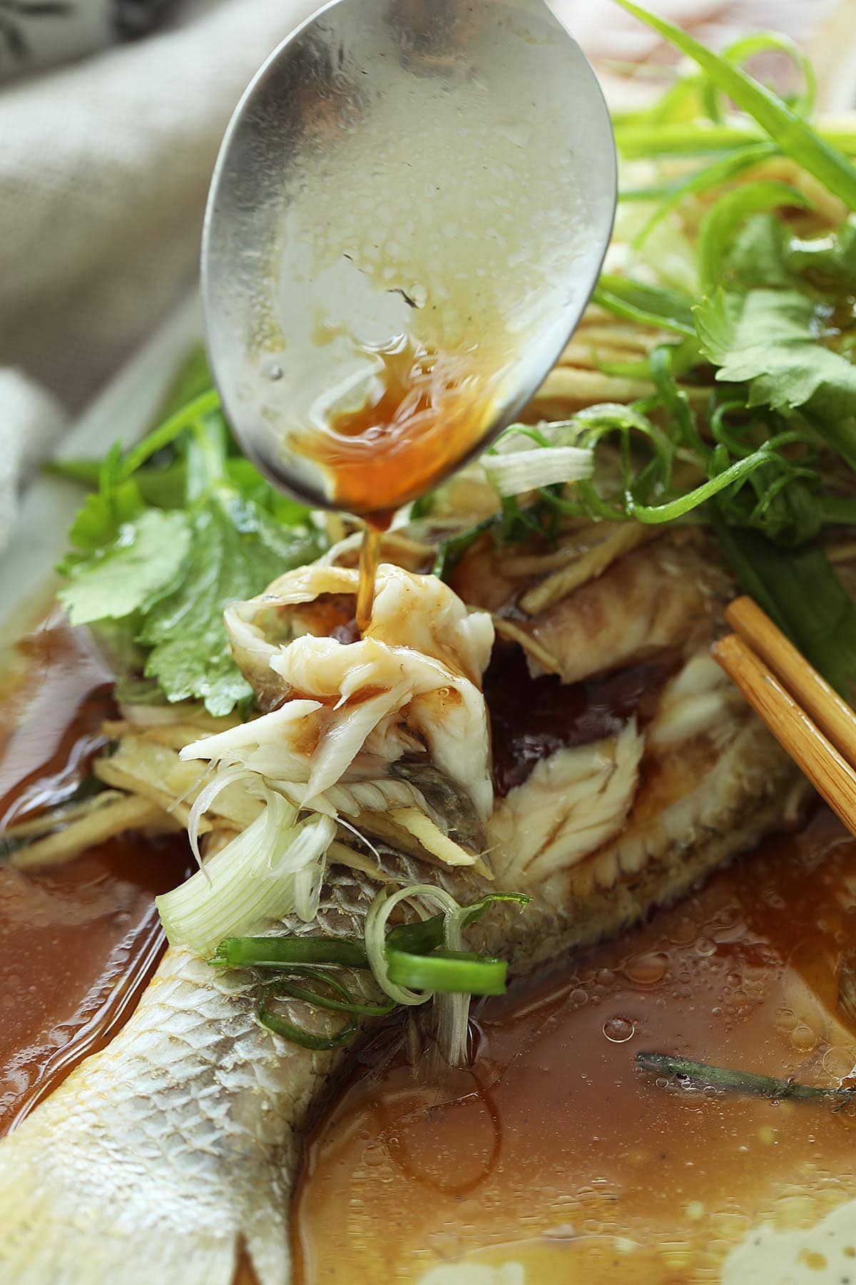 Flaky snapper fish steamed with soy sauce. 