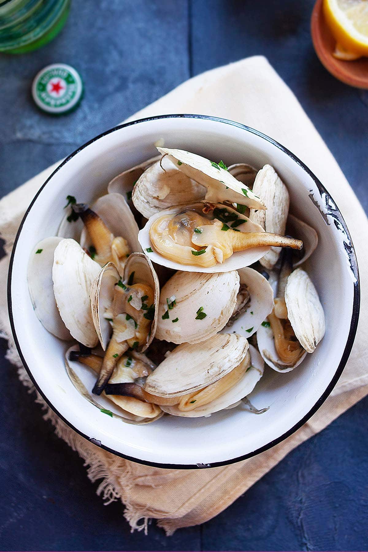 Quick and easy garlic butter steamers served in a bowl. 