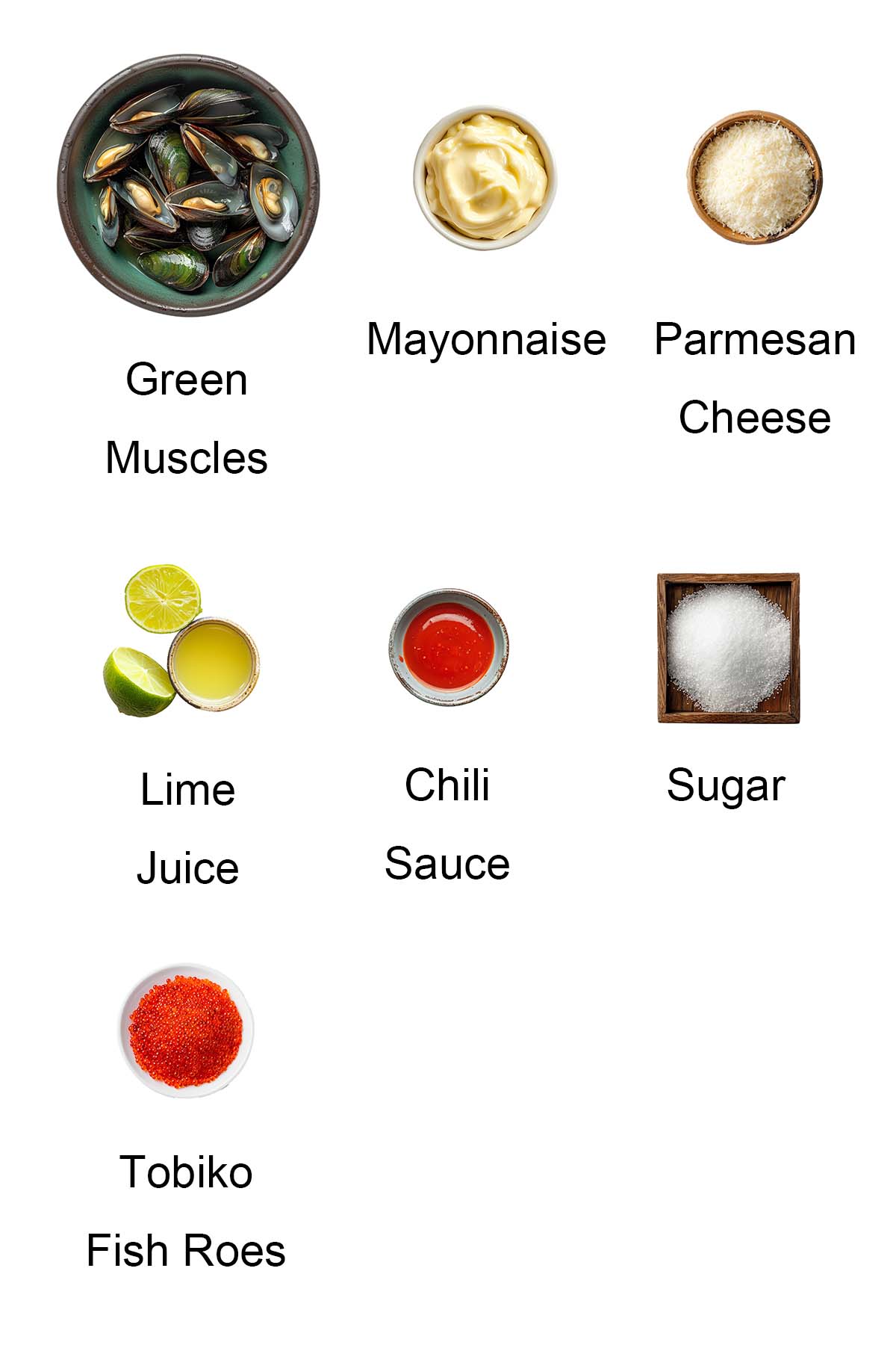 Ingredients for cheese-mayo baked mussels. 