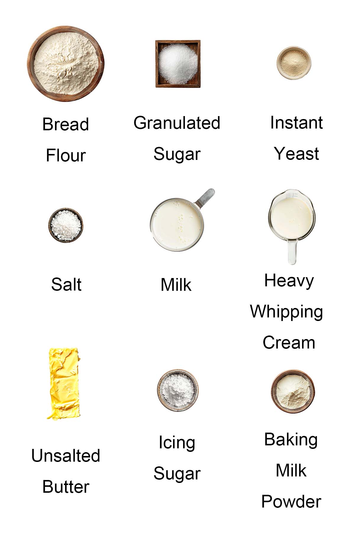 Ingredients for milk buns. 